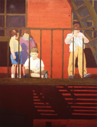 Oil painting of a group of figures on a fire escape