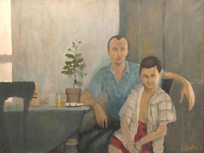 Oil painting of a seated man and boy