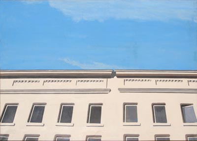 In the painting Sunday Morning 1980 the upper facade of a building is rendered against a blue sky