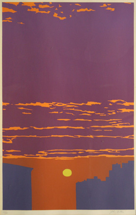 city skyline silhouetted against a bronze and purple sky in this John Button silkscreen