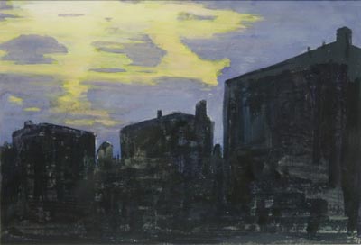 Watercolor of buildings silhouetted against an evening sky