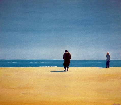 This oil on vanvas is of a lone figure on the Coney Island beach in winter
